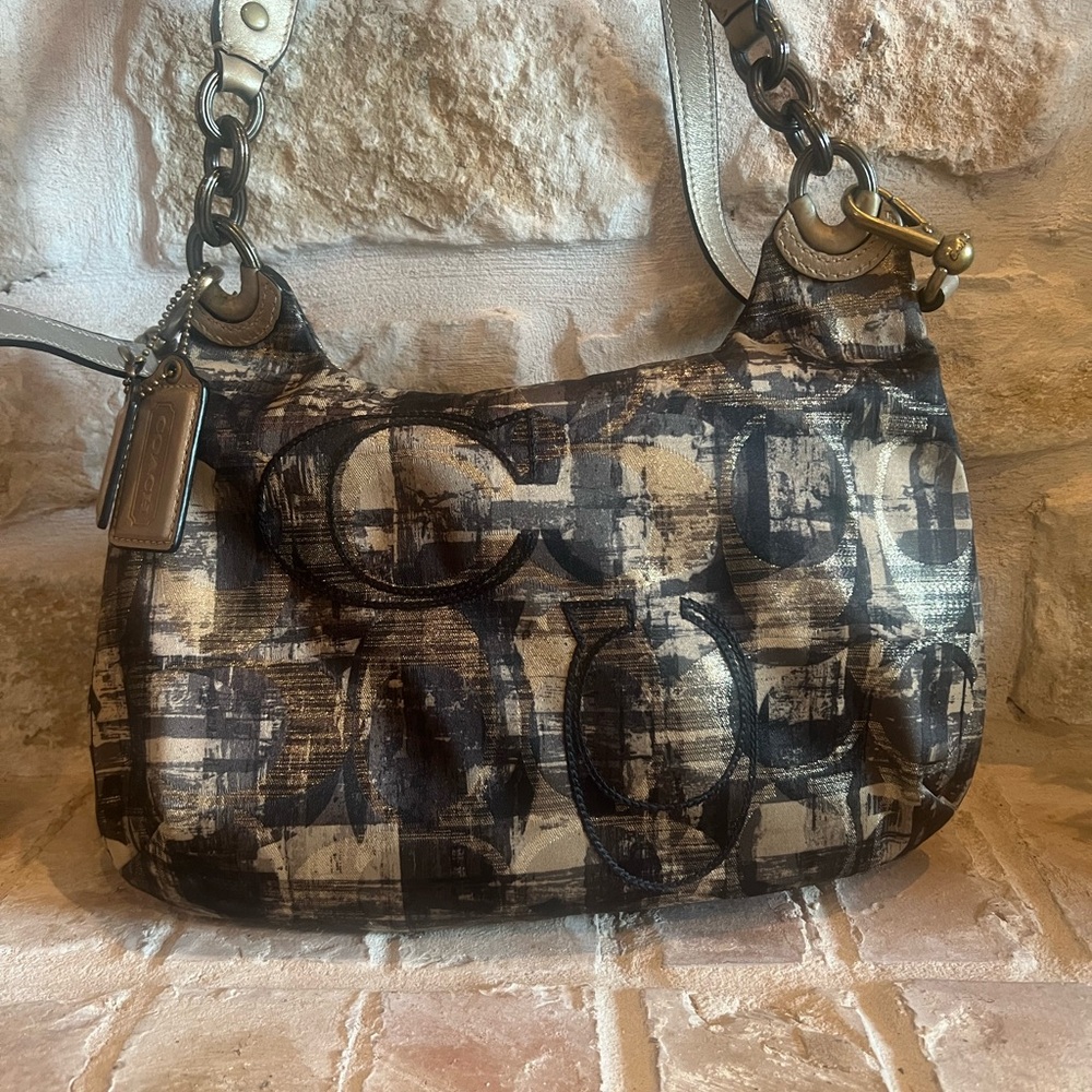 Coach Gold Black Purse 18275 Plaid Kisslock Embroidered Crossbody Handbag - Picture 2 of 6